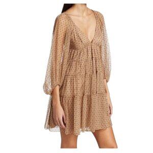 Staud Meadow Puff Sleeve Tan Black Polka Dot V Neck Tiered Dress